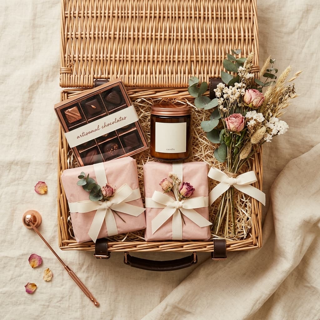 Curated luxury gift hamper with chocolates, dried flowers, and keepsakes on cream linen