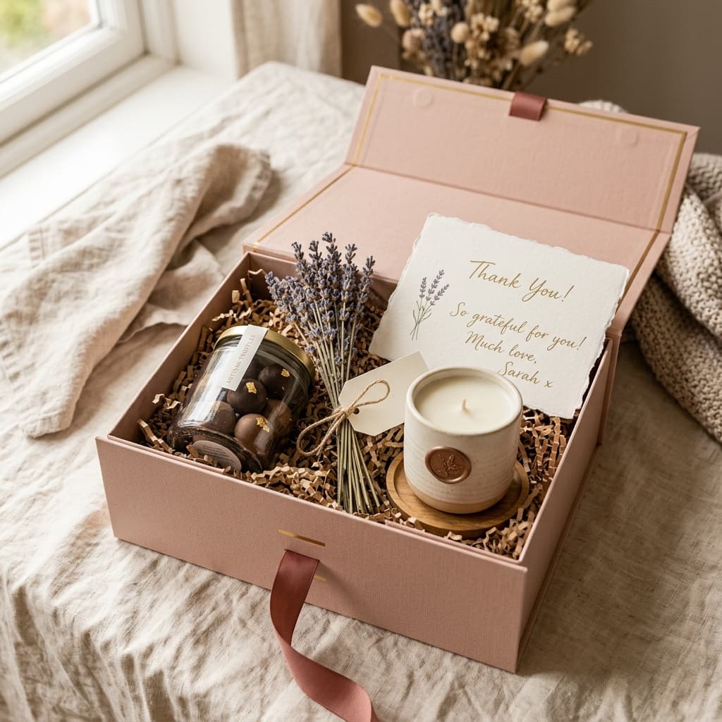 Luxury gift hamper with chocolates and dried lavender